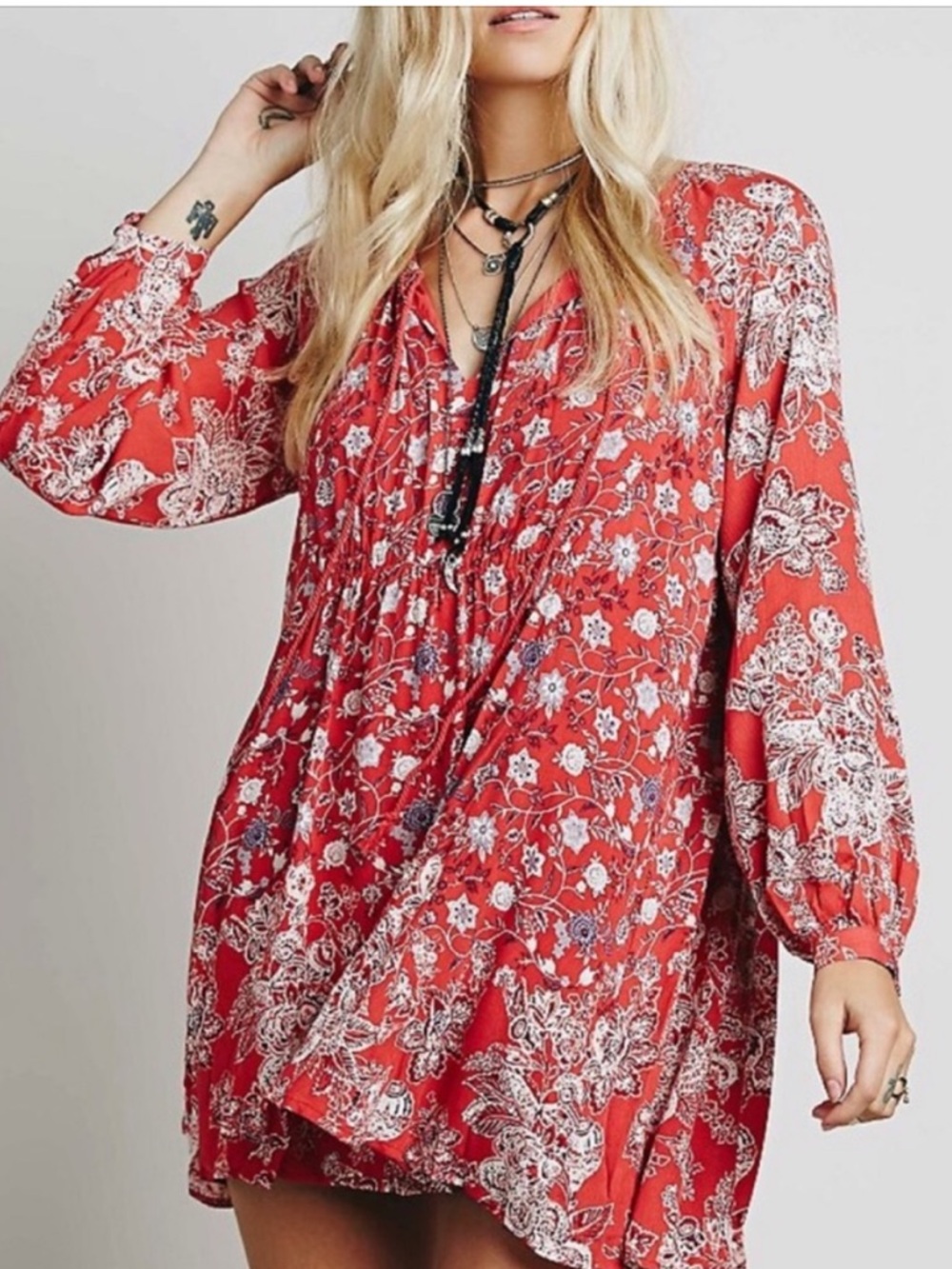Free People Red Floral Boho Long Sleeve Mini Dress